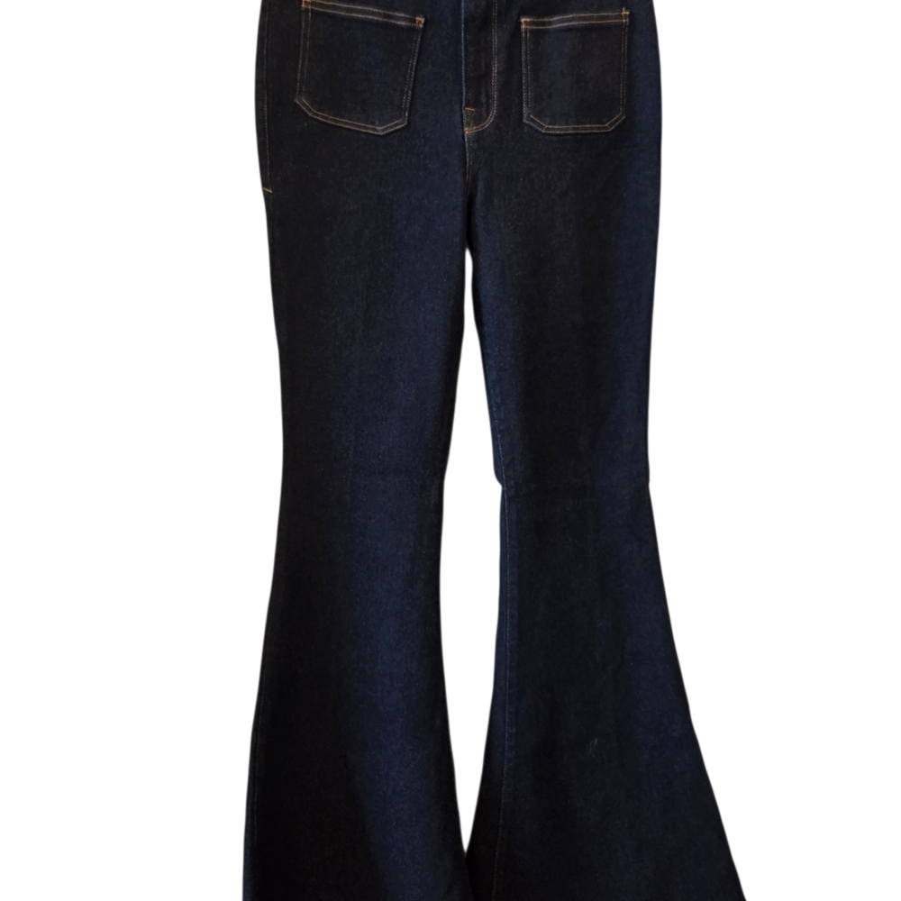 NWT Good American Dark Blue Flare Jeans with Gold stitching Size 8 - Picture 2 of 3